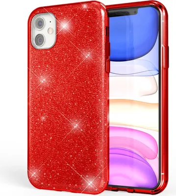 A red glitter phone case is shown next to a smartphone.