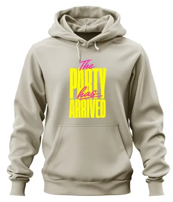 Productafbeelding van Het feest is begonnen! Grappige opdruk. Neon feestoutfit, hoodie, capuchontrui, natuur, maat S
