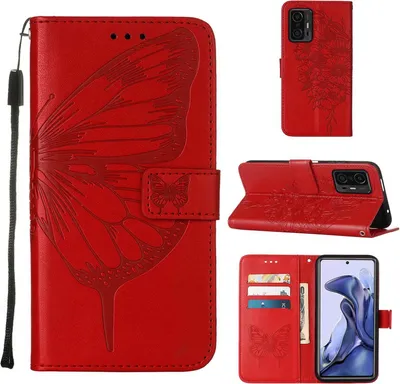A collage of images showing a red leather flip phone case with a butterfly embossed design, featuring card slots and a stand function.