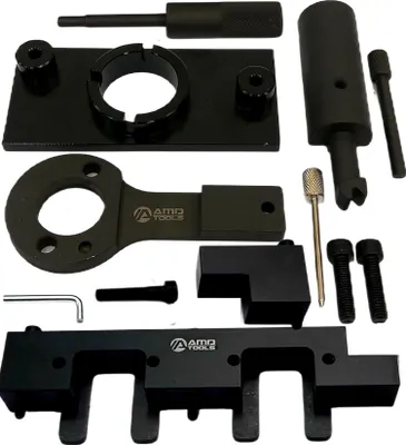 A set of black metal automotive tools laid out on a white background.