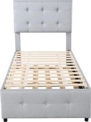 Produktbild von Flieks Polsterbett 90x200cm mit Ausziehbarem Bett, Jugendbett Kinderbett mit Lattenrost, Einzelbett Gästebett Funktionsbett Holzbett, Leinen, Grau