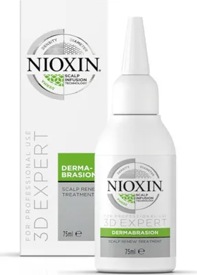 A product shot of a Nioxin 3D Dermabrasion Scalp Renew Treatment bottle and its box, presented on a white background.