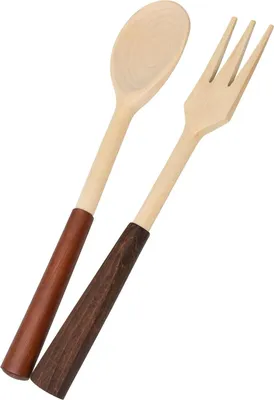 Image de Cuillère et Fourchette en bois avec Poignée Marron | Ensemble de couverts en bois | Set cuillère fourchette bois | Couverts en bois écologiques