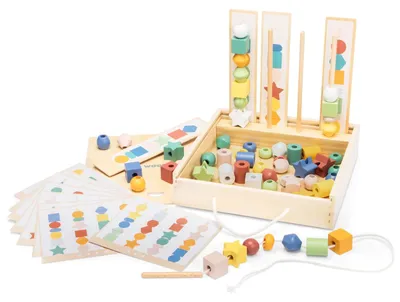 Produktbild von Woet Holz-Fädelspiel, 56 Perlen, Karten und Aufbewahrungsbox