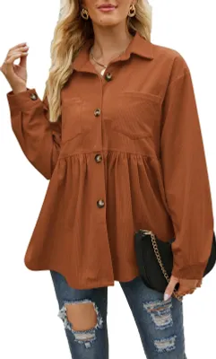 Produktbild von ASKSA Women's Blouse Corduroy Shirt Babydoll Shacket Jacket Lapels Long Sleeve Shirts, Karamellfarbe, XXL