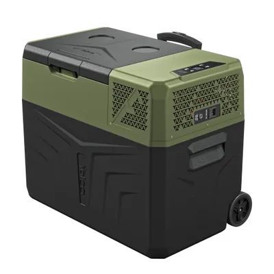 A portable compressor cooler box with wheels, in green and black.