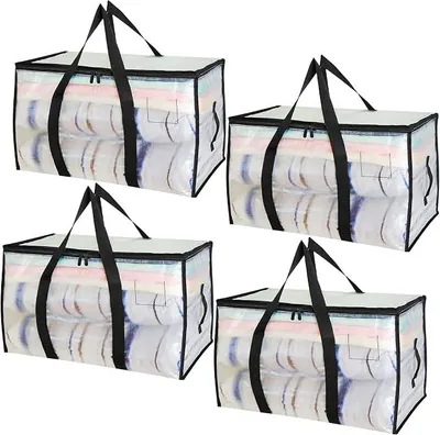 Produktbild von PolkaHome® Umzugssäcke 90L, 4 Stück, Transparente Aufbewahrungstaschen mit Reißverschluss, Wasserdicht, Platzsparend, Faltbar