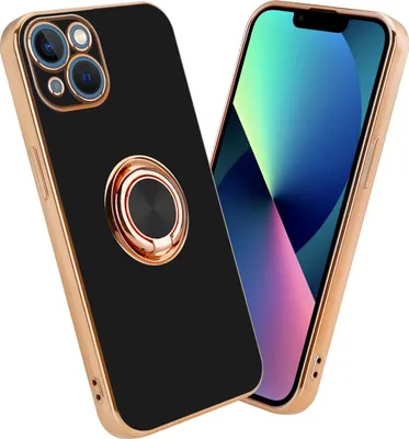 A black iPhone case with a gold ring and gold trim is shown next to an iPhone.
