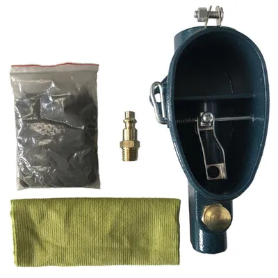 A collection of items laid out on a white background, including a sandblaster tool, a bag of abrasive material, a cleaning cloth, and an air fitting.