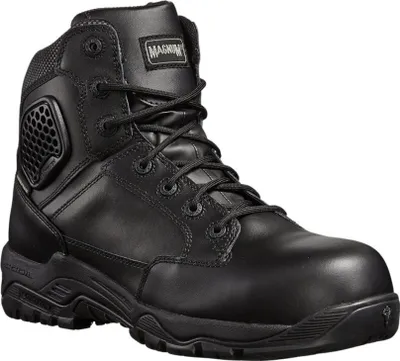 A black Magnum Strike Force 6.0 Leather S3 safety boot is shown against a white background.