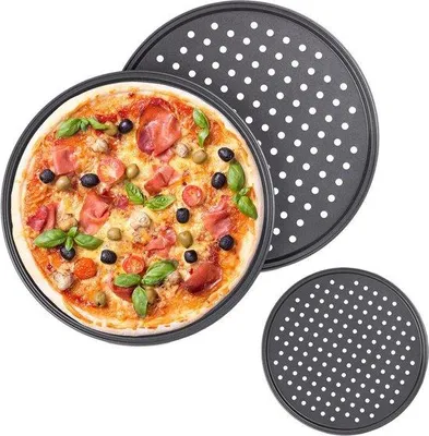 Produktbild von Famanu Pizzablech Set 3-teilig - Geperforierte Backbleche - Durchmesser 32 cm - Antihaftbeschichtung - Anthrazit