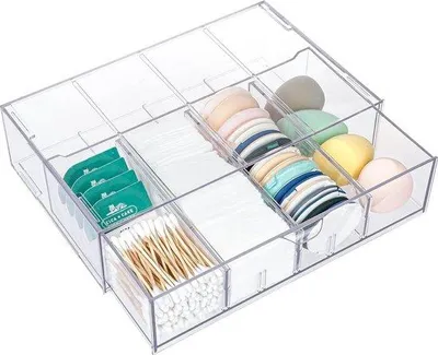 Produktbild von Unyqoos® Make-up-Organizer Schublade – transparente, stapelbare Kunststoff-Aufbewahrungsbox mit verstellbaren Fächern, 27×17×7 cm für Kosmetik & Pinsel