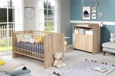 Produktbild von Babyzimmer Set, Kinderbett 70x140 cm, Wickelkommode 2 Türen, Eiche Natur