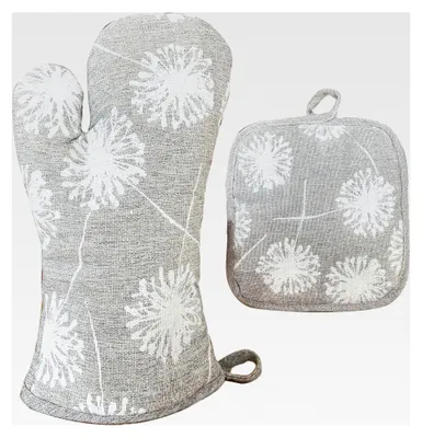 Produktbild von Ofenhandschuhe und Topflappen-2er Set aus Leinen-Polyester, weich, hitzebeständig und rutschfest - Grau