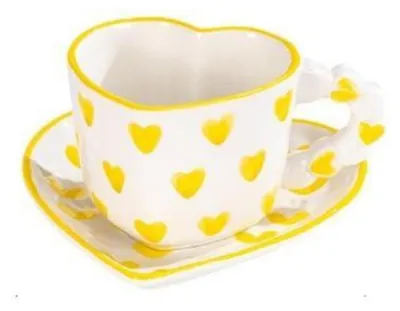 Immagine prodotto di Set di tazza e piattino a forma di cuore, giallo, in Vetroceramica, capacità 250 ml