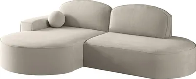 A light gray sectional sofa with a chaise lounge and a round accent pillow, shown from a front-side angle against a white background.