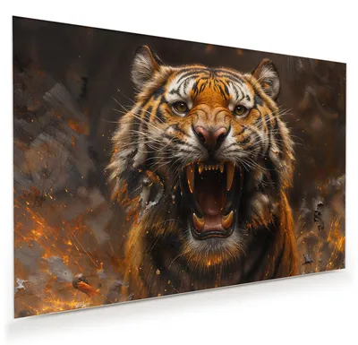 Produktbild von Glasbild 45x30cm in XXL für Wohnzimmer, Schlafzimmer Motiv Tiger im Feuer