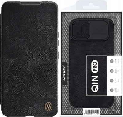 A black Nillkin Qin Leather Pro case for an iPhone 14 Plus is shown in its packaging.