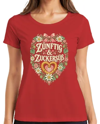 Obrázek produktu pro Zünftig & Zuckersüß, dámské tričko s motivem Oktoberfestu, Bayern, Wiesn, dirndl, kožené kalhoty, červené, velikost XL