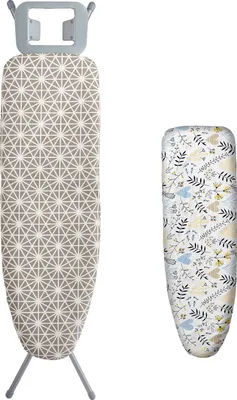 An ironing board and a cover are displayed against a white background.