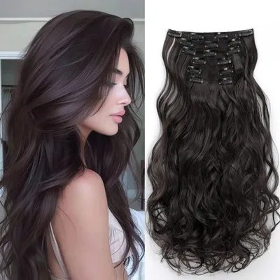 Zdjęcie produktu dla Pasemka do włosów typu clip-in, przedłużanie włosów, 48 cm, falowane, syntetyczne, kolor brązowy, 6 sztuk, 16 klipsów