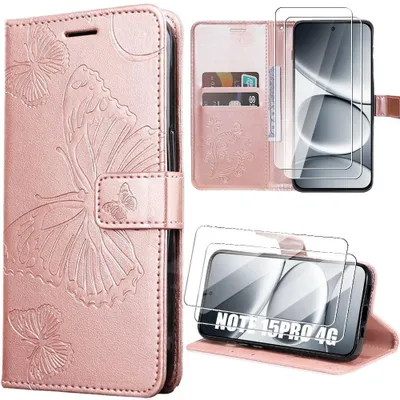 Image de Coque + 2 Verres Trempés pour Xiaomi Redmi Note 15 Pro 4G, Cuir Synthétique Rose Motif Papillon