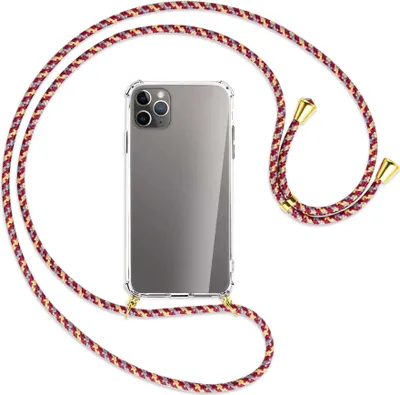 Produktbild von Handykette Backcover-Schutzhülle mit Band (Metall goldfarben) für Apple iPhone 11 Pro Max - weinrot/gelb/grau