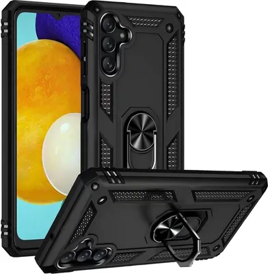 A black protective phone case with a ring holder is shown from multiple angles against a white background.