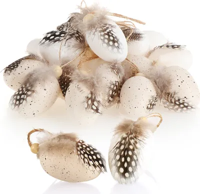 Produktbild von com-four® 12x Ostereier zum Anhängen 7 x 4 cm - elegante Hängedeko für den Osterstrauch - Ostereier mit Federn und Holzperle in Glanz-Optik - Deko-Eier aus Kunststoff