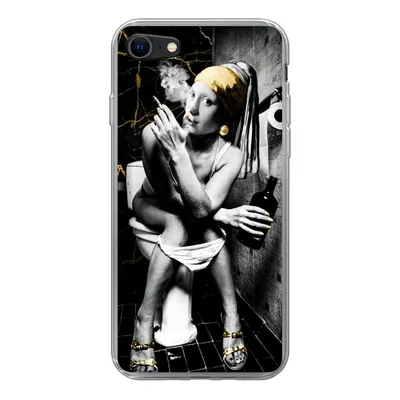 Produktbild von MuchoWow® Handyhülle Schutzhülle Hülle für iPhone 8 Marmoroptik - Mädchen mit Perlenohrring - Zigaretten - Toilette - Gold - Kunst - Alte Meister Silikon Softcase Handy Hülle - Schutzhaube