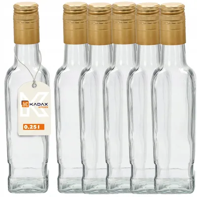Obrázek produktu pro Skleněné lahve na alkohol – sada 6 lahví – objem 250 ml – prázdné lahve na likéry a destiláty – se šroubovacím uzávěrem Fi30