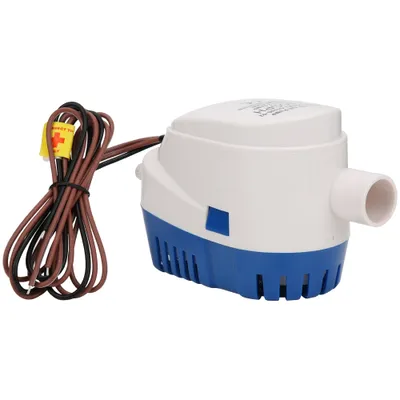 A white and blue bilge pump with brown wires attached, set against a white background.