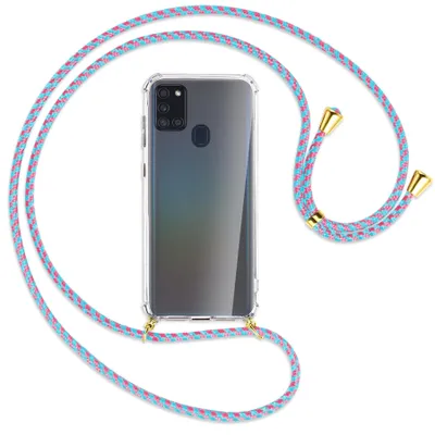 Produktbild von Handykette Backcover-Schutzhülle mit Band (Metall goldfarben) für Samsung Galaxy A21s - pink/mint