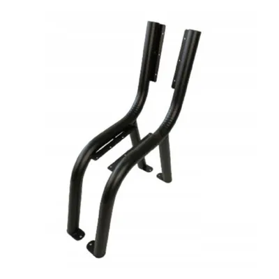 A pair of black metal bench legs on a white background.