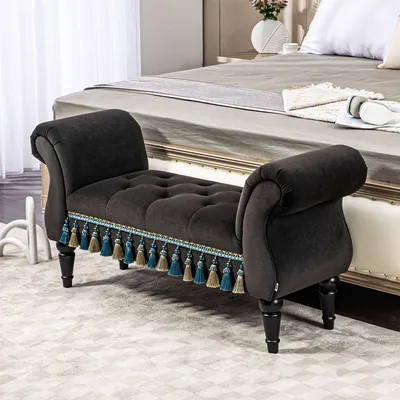 Immagine prodotto di Panca contenitore - Panca imbottita - Panca da ingresso - Panca da camera da letto - Tessuto velluto grigio scuro - Gambe in legno - Spazio contenitore