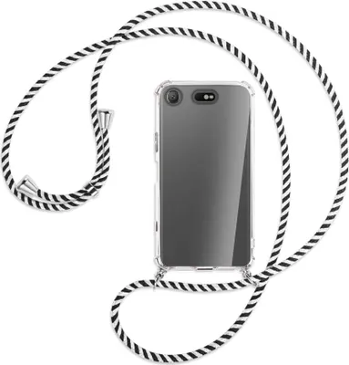 Produktbild von Handykette Backcover-Schutzhülle mit Band (Metall silberfarben) für Sony Xperia XZ1 Compact - schwarz/weiß gestreift