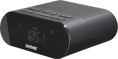 A black Denver DAB+ clock radio is shown from a diagonal front-left angle against a white background.