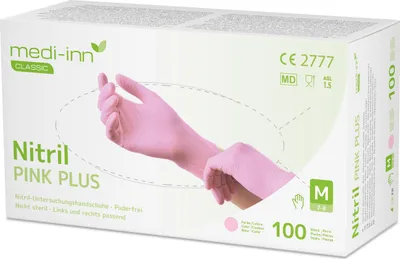 Produktbild von Medi-Inn Nitril Pink Plus Einmalhandschuhe puderfrei (Gr. M, 10 x 100 = 1000 Stück)
