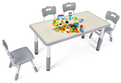Produktbild von Peviasot Kindertisch mit 4 Stühlen, höhenverstellbar, 120 x 60 cm, Grau Holzoptik