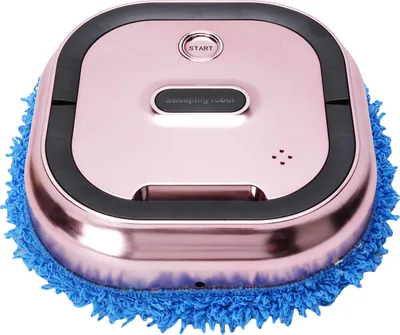 A rose gold robotic floor cleaner with a blue microfiber pad attached.