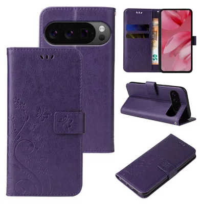A collage of images showing a purple floral butterfly flip phone case for a Google Pixel 10 Pro.