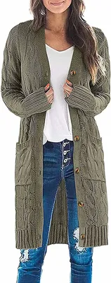 Produktbild von ASKSA Damen Langarm Strickjacke Strick Mantel Zopfstrick Sweater mit Knopfleiste und Taschen, Armeegrün, S
