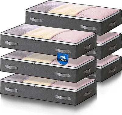 Produktbild von PolkaHome® 6 Stück 90L Aufbewahrungsboxen unter dem Bett, faltbare Aufbewahrungstaschen mit großem Fassungsvermögen für Kleidung,