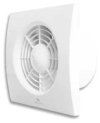 A white axial fan is shown in a studio setting against a white background.