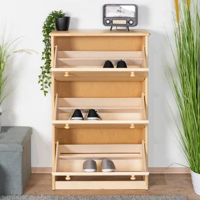 Produktbild von Schuhkipper Kiefer Holz massiv, Farbe: Natur 115x72x29 cm, Schuhschrank Schuhkommode