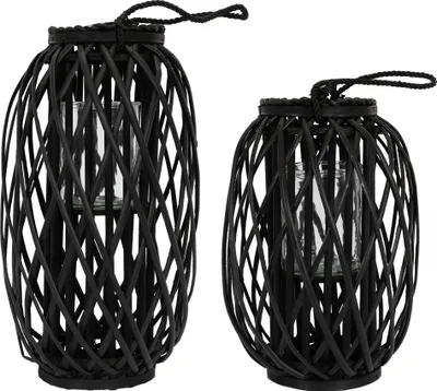 Obrázek produktu pro ECD Germany, sada 2 ks luceren Ried 40 a 50 cm s uchem, černé, v provedení imitace proutí, ratanová lucerna se skleněnou vložkou, retro lucerna, ručně pletená zahradní lucerna
