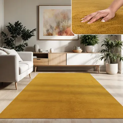 A modern living room with a sofa, a cabinet, plants, and a large yellow rug.