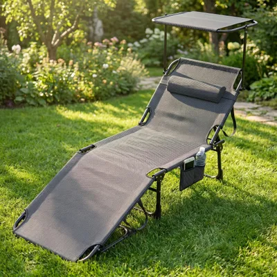Productafbeelding van ACXIN, 2 zwarte tuinstoelen met zonnedak, verstelbaar in vier standen, compact opvouwbaar voor uitstapjes en vakanties
