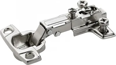 A single metal hinge on a white background.