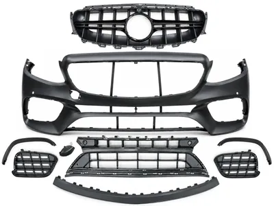 Productafbeelding van Voorbumper voor Mercedes E-klasse W213, S-klasse W222, C-klasse C238, A-klasse A238, modeljaren 2016-2019, met E63-uitstraling, zwarte uitvoering.